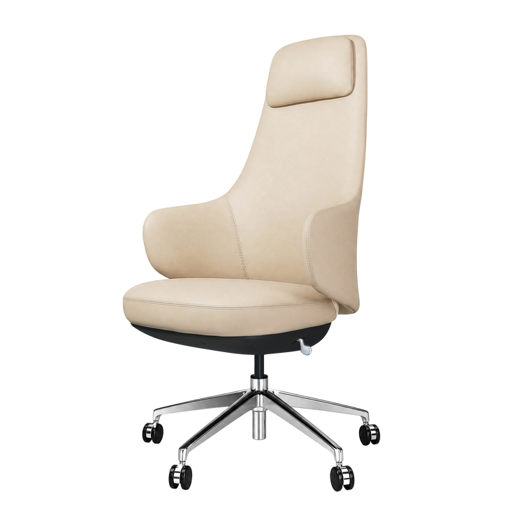 Cream upholstered office chair with a tall back and headrest, mounted on a five-spoke metal base with black caster wheels.