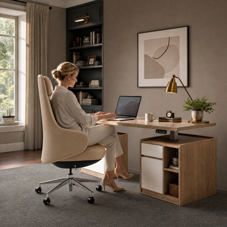 A woman sits in a cream high-backed office chair using a laptop at a desk with drawers, open shelves, a gold-colored lamp, a mug and a potted plant.
