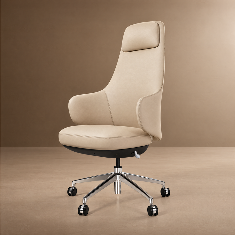 Beige high-back office chair with a padded headrest, curved side supports, stitched edges and a shiny silver-colored wheeled base against a brown background.