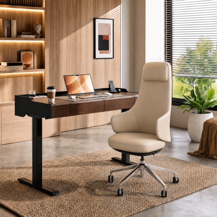 A beige swivel office chair sits at a wood-and-black desk with a laptop, in a bright home office with shelves and a large window.