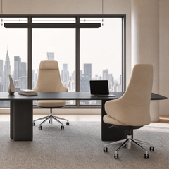 A modern office with two tan swivel chairs at a dark desk, a laptop and books, and a city skyline visible through floor-to-ceiling windows.