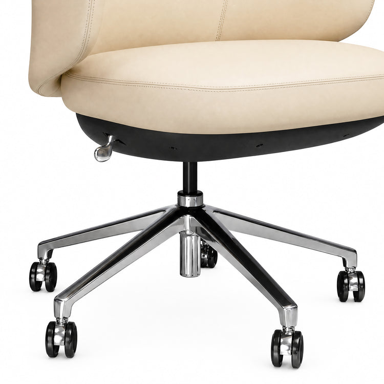 Close-up of a beige chair with stitched seat edges, a silver-colored lever, a black central support, and a shiny five-spoke base with black caster wheels.