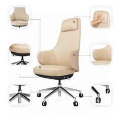 Diagram of a beige high-back chair with callout close-ups of its head cushion, curved sides, padded seat, under-seat lever, five-spoke base and caster wheels.