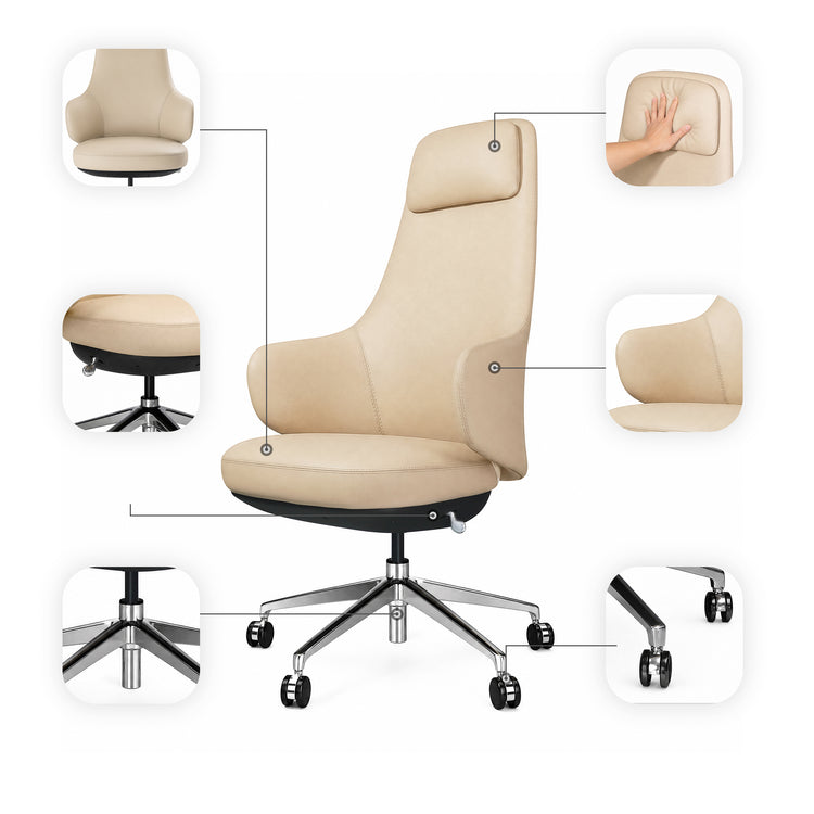 Diagram of a beige high-back chair with callout close-ups of its head cushion, curved sides, padded seat, under-seat lever, five-spoke base and caster wheels.