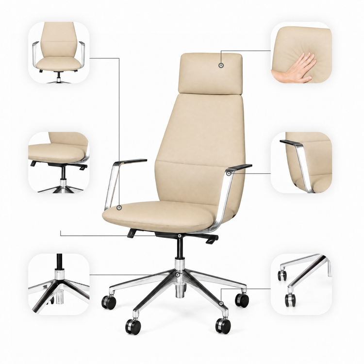 Diagram of a beige high-back office chair with callout close-ups of its padded seat and back, silver-colored arm supports, under-seat levers, central column and wheeled base.