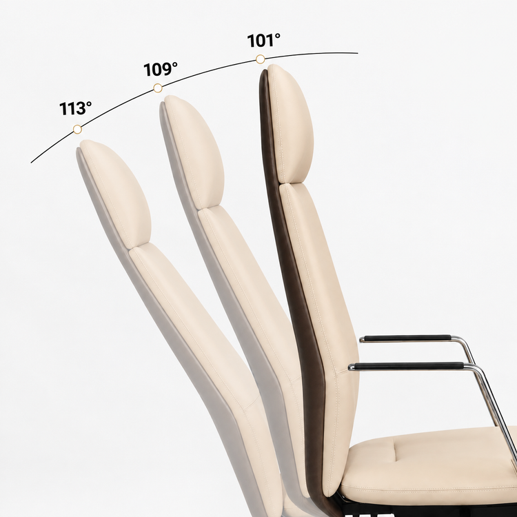 Silla de oficina beige de PU con reposabrazos de aluminio integrados e inclinación de 4 posiciones
