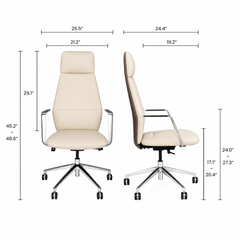 Dimension diagram showing front and side views of a cream high-back office chair with a separate headrest cushion, black arm pads, silver-colored supports and a five-spoke wheeled base.