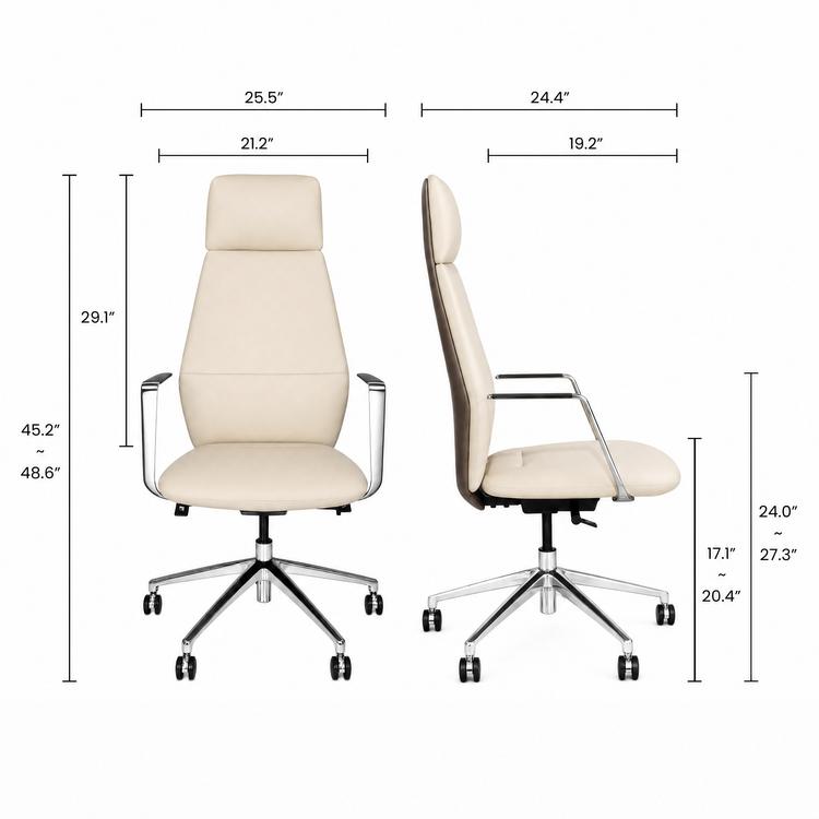 Dimension diagram showing front and side views of a cream high-back office chair with a separate headrest cushion, black arm pads, silver-colored supports and a five-spoke wheeled base.