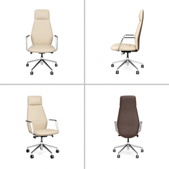 Four views of a cream office chair with a tall padded back, headrest, brown rear shell, silver-colored armrests and five-spoke base with black casters.