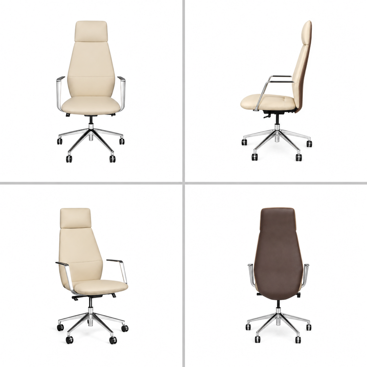 Four views of a cream office chair with a tall padded back, headrest, brown rear shell, silver-colored armrests and five-spoke base with black casters.