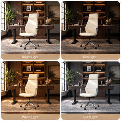 Four panels compare a cream high-back office chair with armrests and a wheeled base in the same office under bright, dim, warm and cold light.
