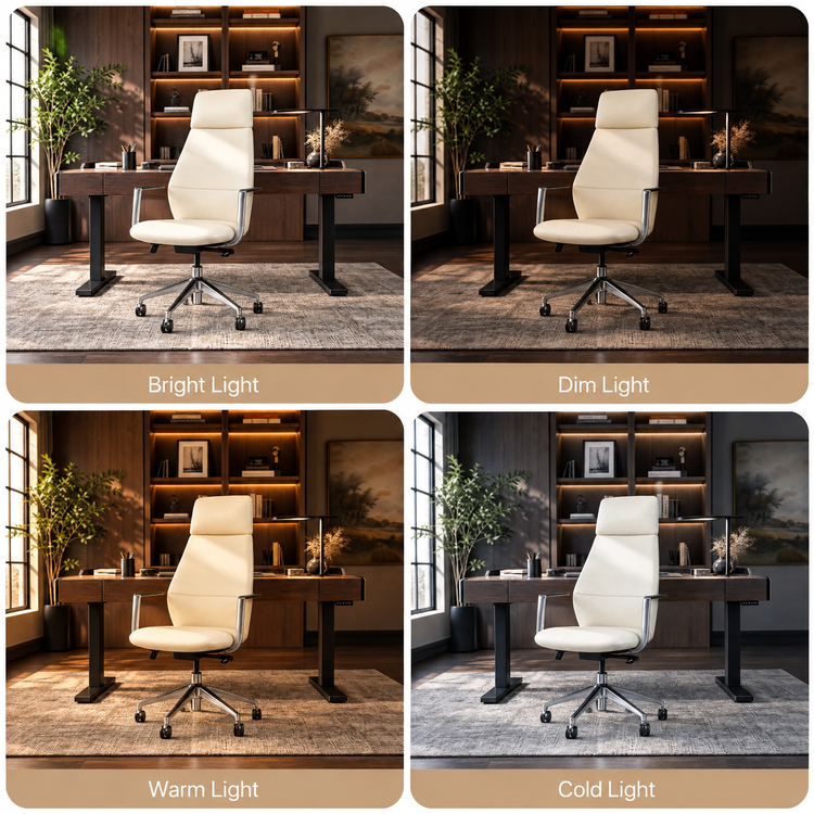 Four panels compare a cream high-back office chair with armrests and a wheeled base in the same office under bright, dim, warm and cold light.
