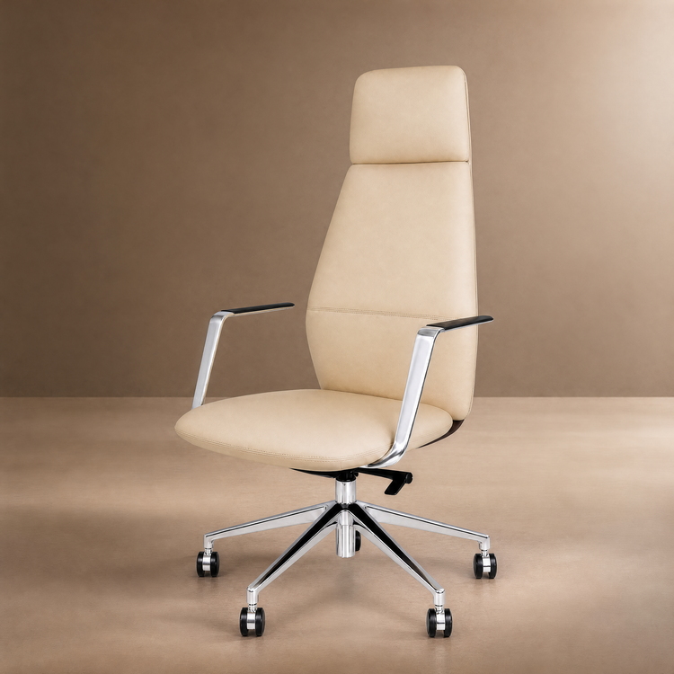 Cream office chair with a tall padded back, separate headrest, silver-colored arms with black pads, and a five-spoke wheeled base against a brown background.