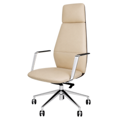 Cream-colored office chair with a tall padded back, separate headrest, black arm pads, shiny silver-colored supports and a five-spoke base with black casters.