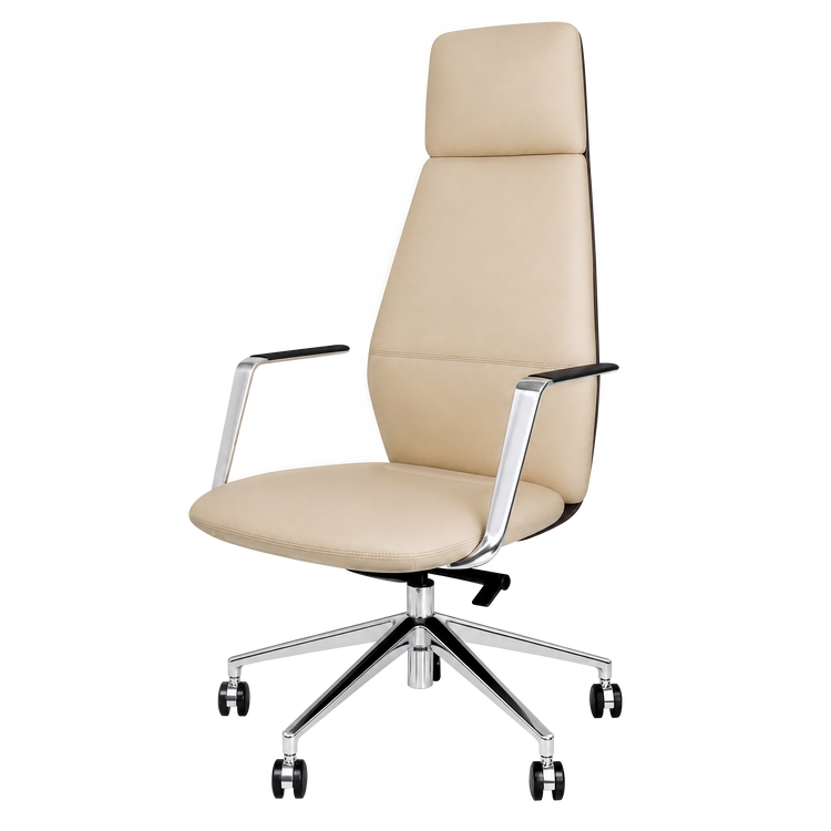 Cream-colored office chair with a tall padded back, separate headrest, black arm pads, shiny silver-colored supports and a five-spoke base with black casters.