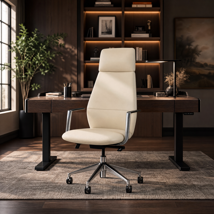 A cream upholstered office chair with chrome arms and a wheeled base stands before a dark wood desk in a warmly lit study.