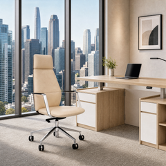 Beige high-back office chair with armrests and a five-spoke wheeled base beside a desk with a laptop, overlooking city towers through floor-to-ceiling windows.