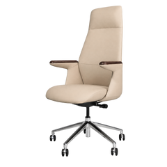 Cream-colored office chair with a tall padded back, dark brown armrest tops, a silver-colored five-spoke caster base, and a black adjustment lever beneath the seat.