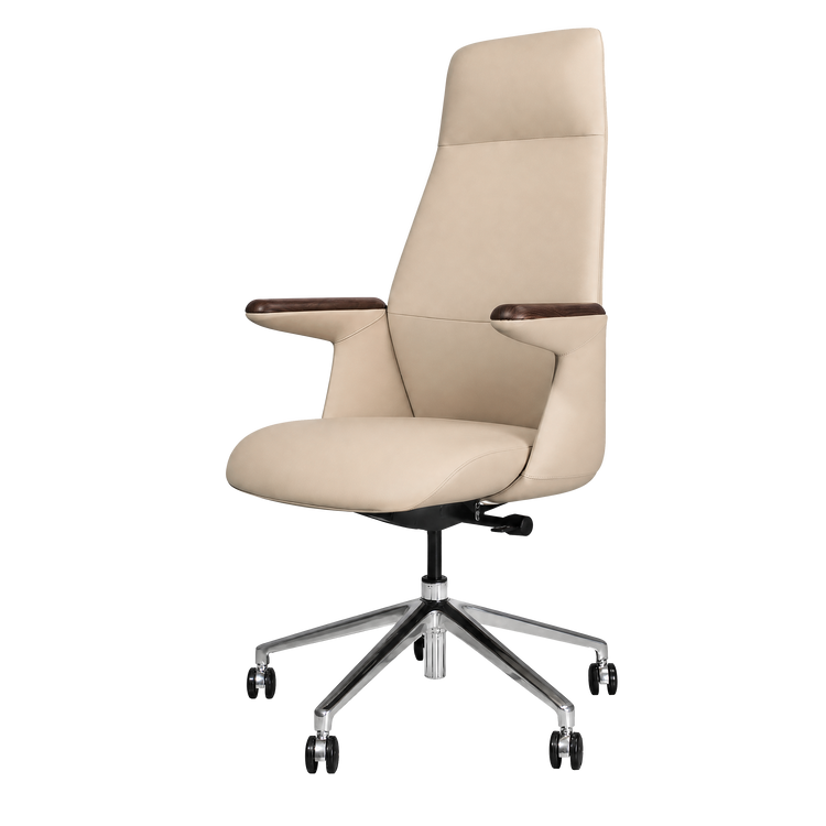 Cream-colored office chair with a tall padded back, dark brown armrest tops, a silver-colored five-spoke caster base, and a black adjustment lever beneath the seat.