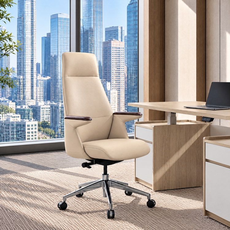 Cream high-back office chair with dark brown armrests and a silver five-spoke caster base beside a desk with a laptop, overlooking city towers through large windows.