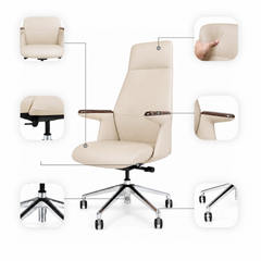 Diagram of a cream high-back office chair with brown armrest tops and a silver five-spoke wheeled base, with linked close-ups of the seat, backrest, armrest, underside controls, base and wheels.