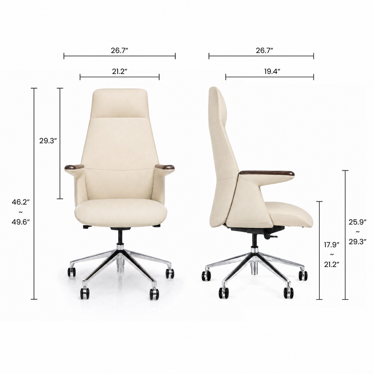 Dimension diagram showing front and side views of a cream high-back office chair with dark armrest tops, a silver five-spoke base and black casters.