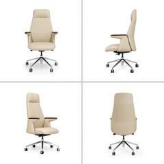 Four views of a cream high-back office chair with dark brown armrest tops, a silver five-spoke base and black caster wheels.