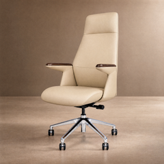 Cream-colored office chair with a tall padded back, dark brown wood-grain armrest tops, a shiny silver five-spoke base, black caster wheels, and a lever beneath the seat.