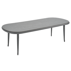 Gray rounded-rectangle coffee table has a stone-look top and four slim legs