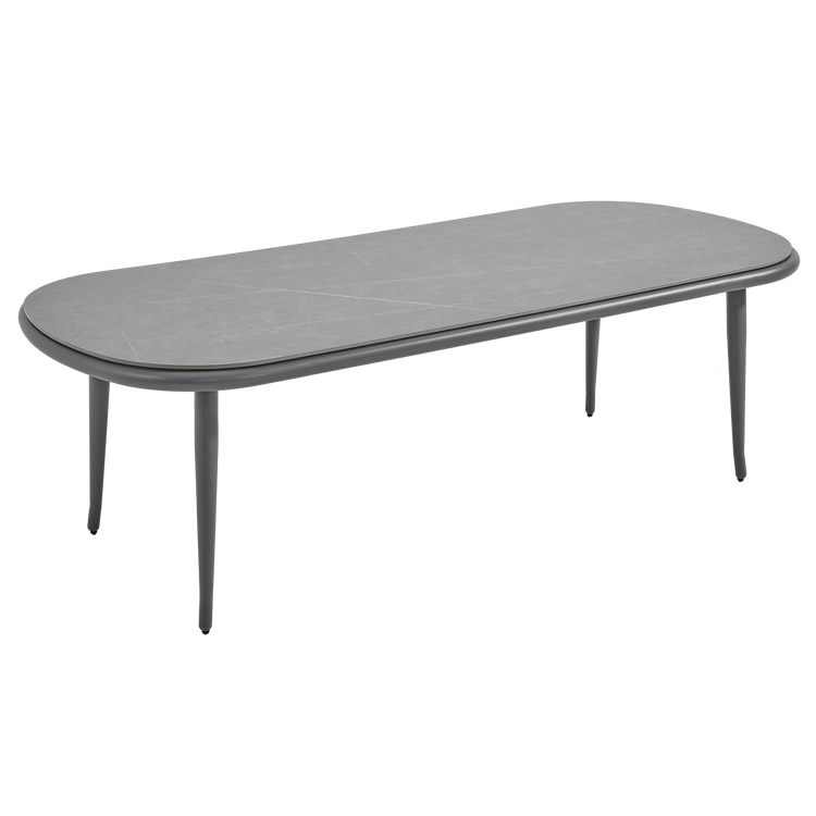 Gray rounded-rectangle coffee table has a stone-look top and four slim legs