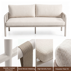 Light beige cushioned loveseat has open slatted sides, Four close-ups show frame, woven strap, cushion, and upholstery details