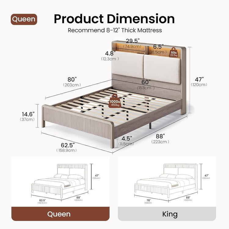 Fluted Queen Bed Frame with Upholstered Chenille Headboard Storage Shelf, Charging Station, LED