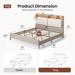 Dimension diagram of a bed frame with exposed slats, two cream headboard panels, a lit upper recess and a vertically grooved footboard, with two smaller bed diagrams below.