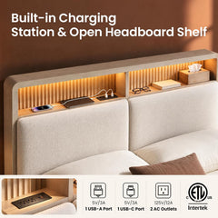 Bed headboard with cream padded panels and illuminated open shelves holding a phone, tablet, glasses, book and tissue box, with a built-in power strip shown in a close-up inset.
