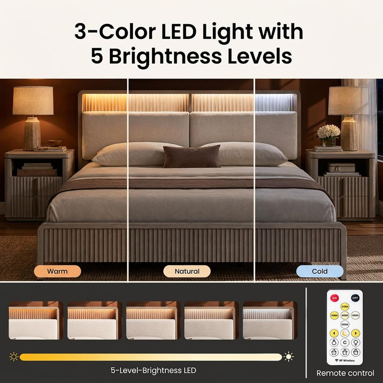 Diagram comparing warm, natural and cold headboard lighting on a bed, with five brightness examples below and a remote control at the right.
