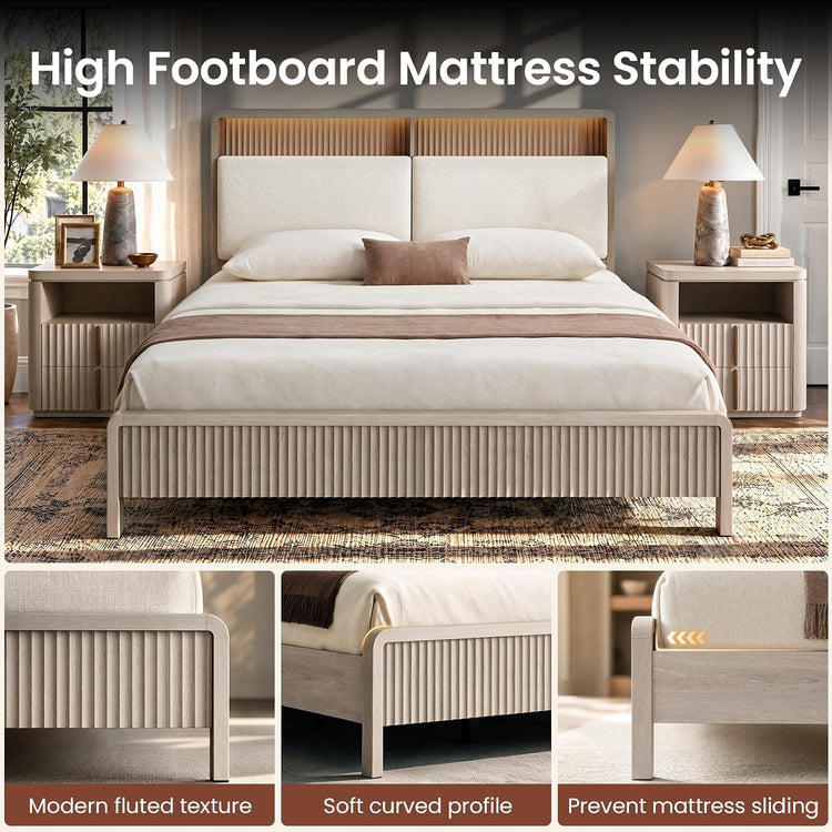 Bed with a vertically fluted footboard and padded headboard between two matching nightstands, with three lower close-ups showing the footboard texture, rounded corner and mattress edge.