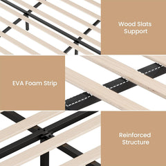 Three close-up views show pale slats across a black bed frame, black strips along the rails, and bolted crossbars with vertical support legs.
