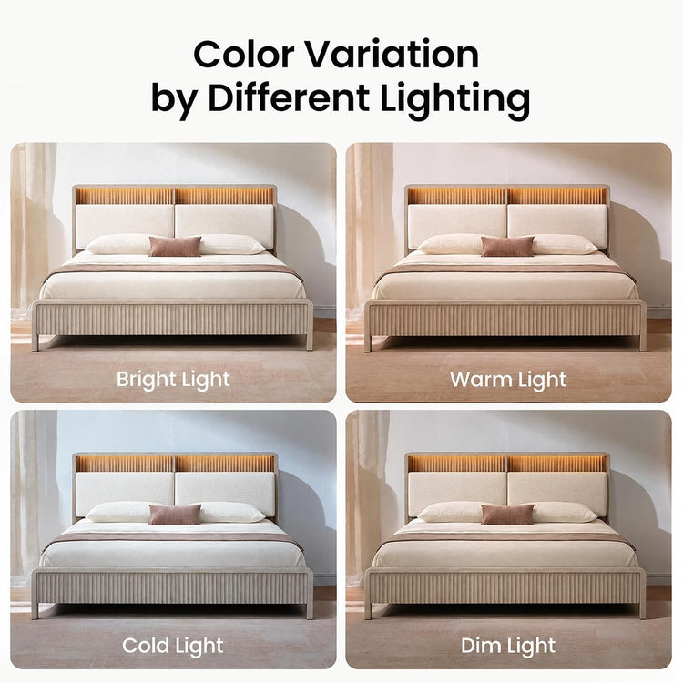 Four-panel comparison shows a bed with a vertically ridged frame and padded headboard appearing different in color under bright, warm, cold and dim lighting.