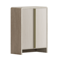 The cabinet front has two tall fluted doors with paired vertical pulls and an open recess below