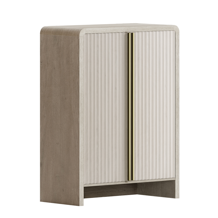 The cabinet front has two tall fluted doors with paired vertical pulls and an open recess below