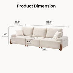 Diagram showing a light-colored sectional sofa with labeled dimensions: 114.2 inches (290 cm) wide, 35 inches (88.9 cm) high, and additional measurements of 69.7 inches, 31.1 inches, 16.9 inches, and 1.97 inches.