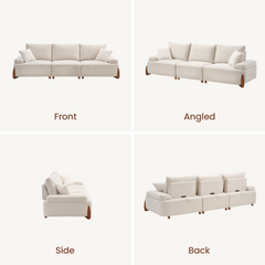 Four views of a cream-colored three-seat sofa with padded arms, three back cushions, two small throw pillows, and brown legs, shown from the front, angle, side, and back.