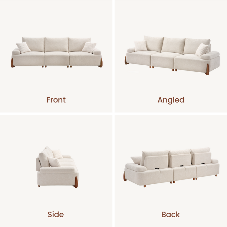 Four views of a cream-colored three-seat sofa with padded arms, three back cushions, two small throw pillows, and brown legs, shown from the front, angle, side, and back.
