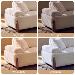 Four-panel comparison of a cream-colored sofa with a white ribbed pillow and curved brown legs under lighting labeled Bright Light, Dim Light, Warm Light and Cold Light.