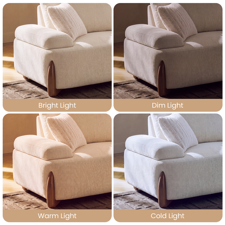Four-panel comparison of a cream-colored sofa with a white ribbed pillow and curved brown legs under lighting labeled Bright Light, Dim Light, Warm Light and Cold Light.