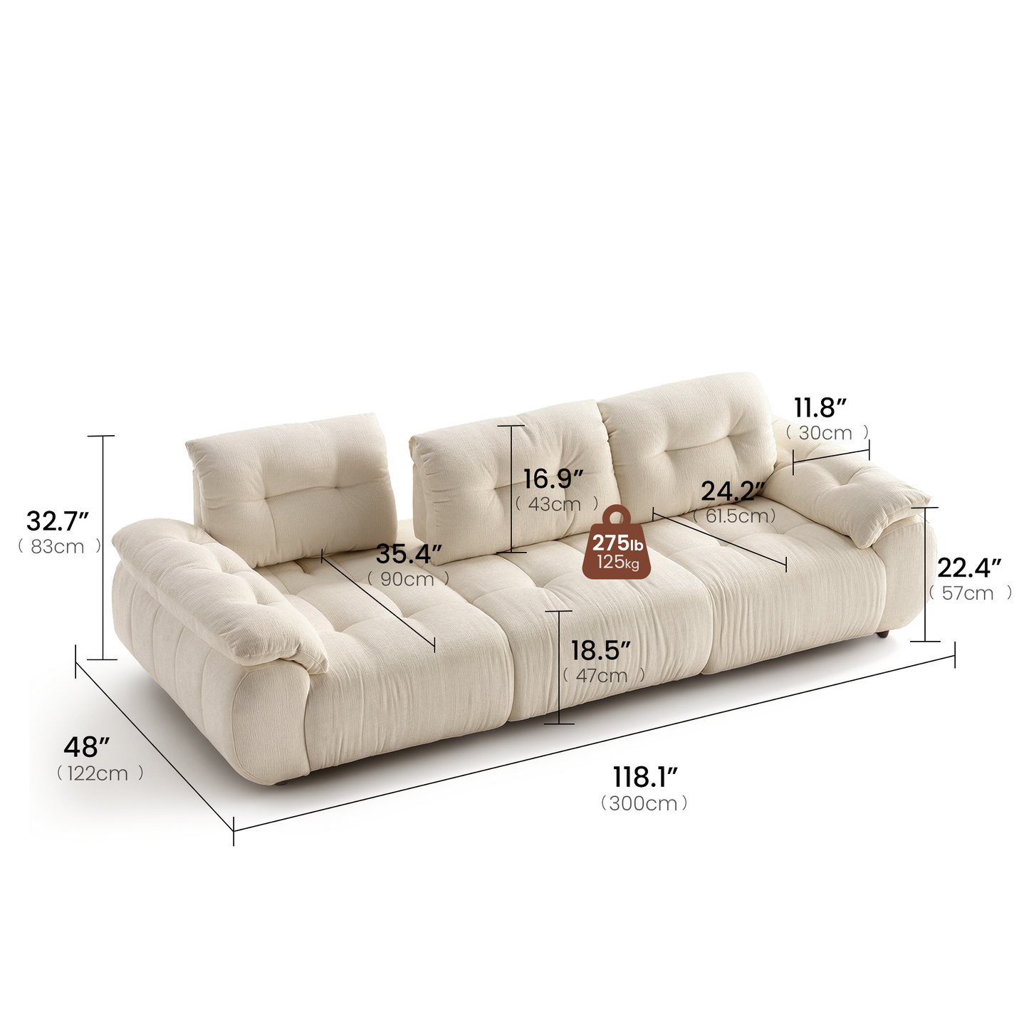 [Pre-sale] 118" Modular Chenille Cloud Sofa with Adjustable Backrests，Solid Wood