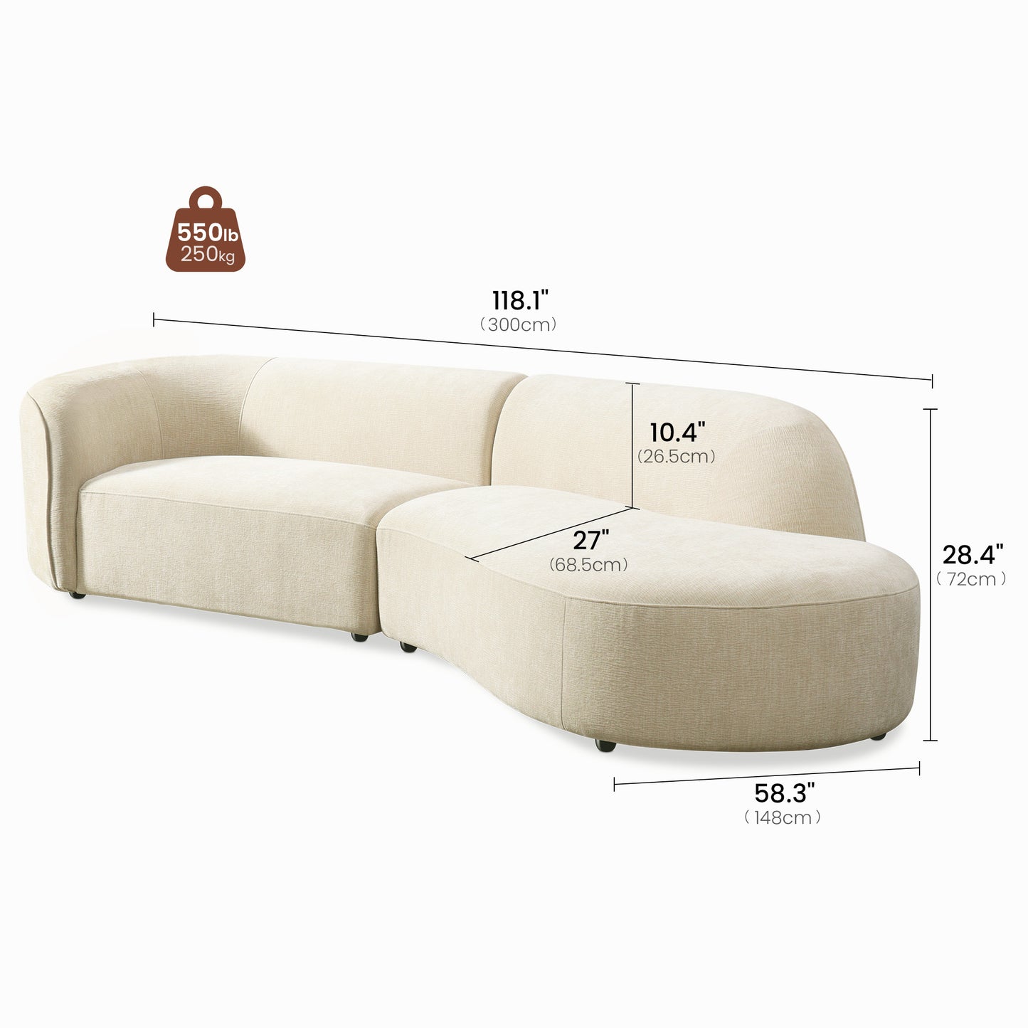 [Pre-sale] 118" Curved Chenille Sectional Sofa (Right Facing Chaise) - Solid Wood Frame
