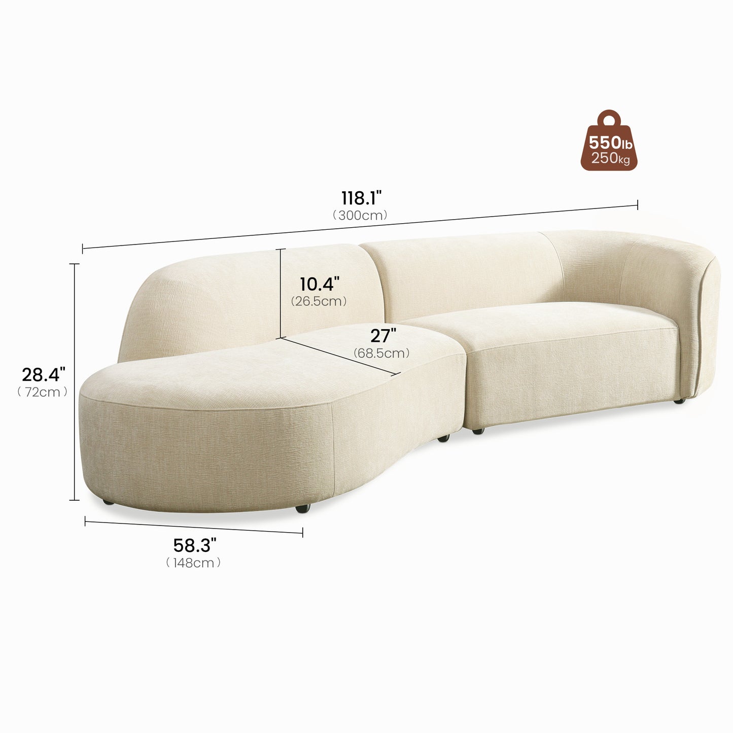 [Pre-sale] 118" Curved Chenille Sectional Sofa (Left Facing Chaise) - Solid Wood Frame