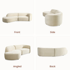 Four panels show a curved two-section sofa from front, side, angled, and back views