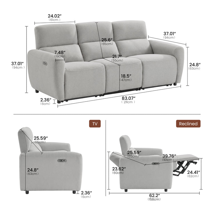 Cirrus 83" Gray Zero Gravity Power Reclining 3-Seat Sofa with USB & Type-C